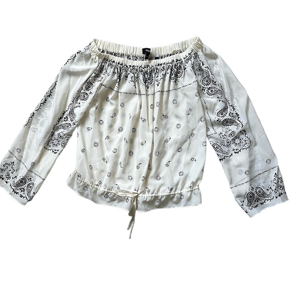 Theory White Black Silk Crepe Off the Shoulder Odettah Banana Blouse P/XS